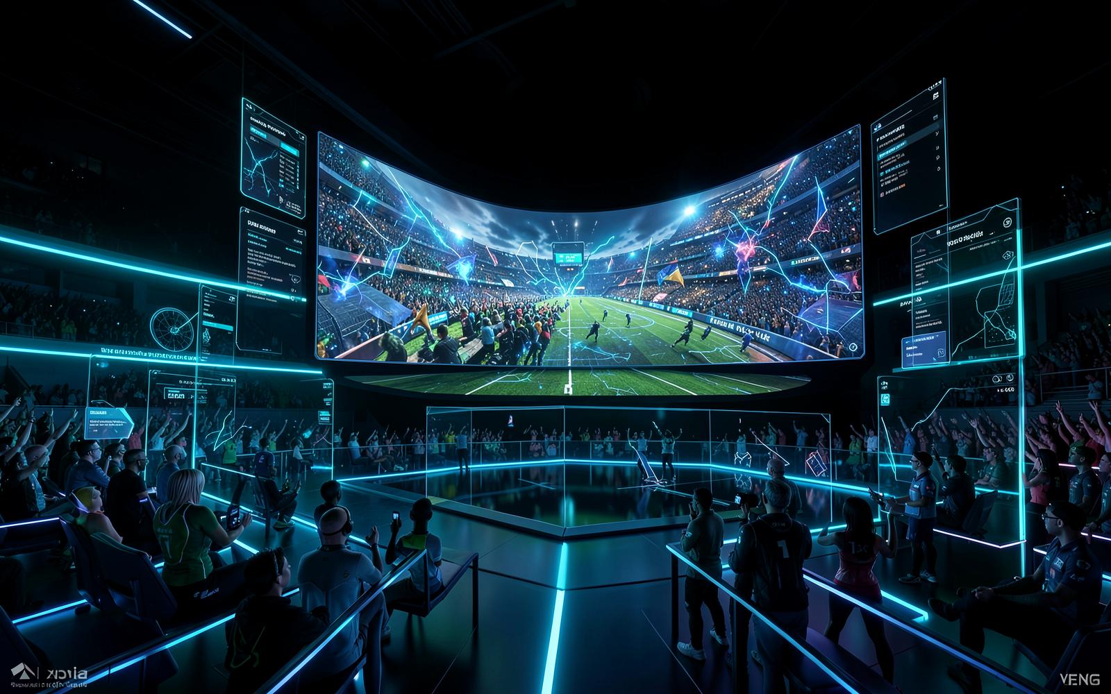 Virtual XR stadium fan zone with 3D avatars and holographic panels